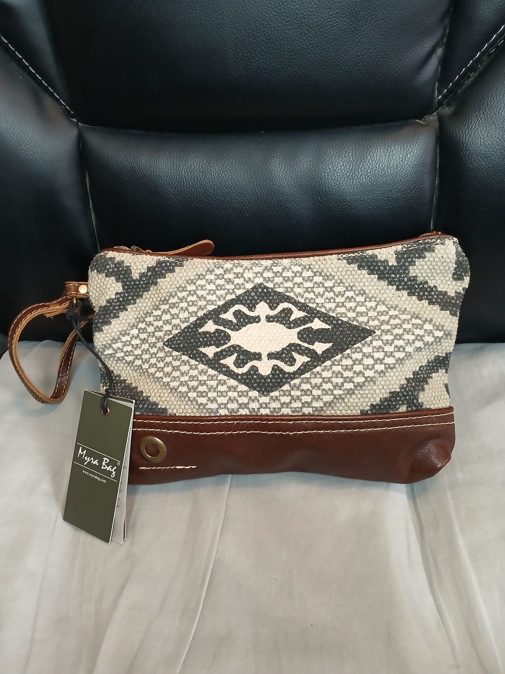 Myra Bag Tribal Canvas Wristlet - Ivory, Gray & Brown